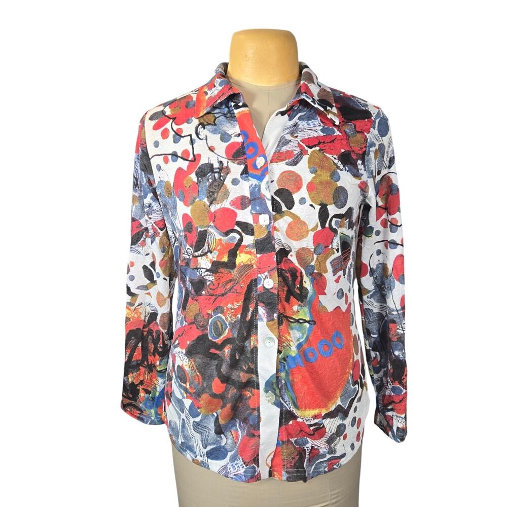 Parsely & Sage Womens Small Button Up Top Abstract Artsy Faces Colorful Grafitti